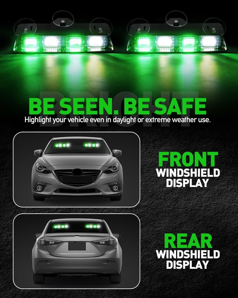 HLauto 2002L Emergency Dash Strobe Lights: Green White Safety Lights, Flashing Warning Hazard Windshield Visor Traffic Light Bars for Trucks, Construction Vehicles (2x8.5 inch, 48LED) - Image 3